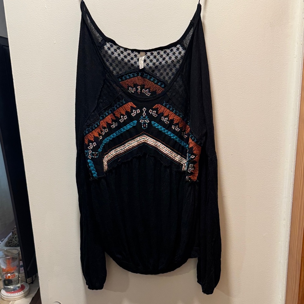 Free People Black Blouse with Multicolor Embroidery